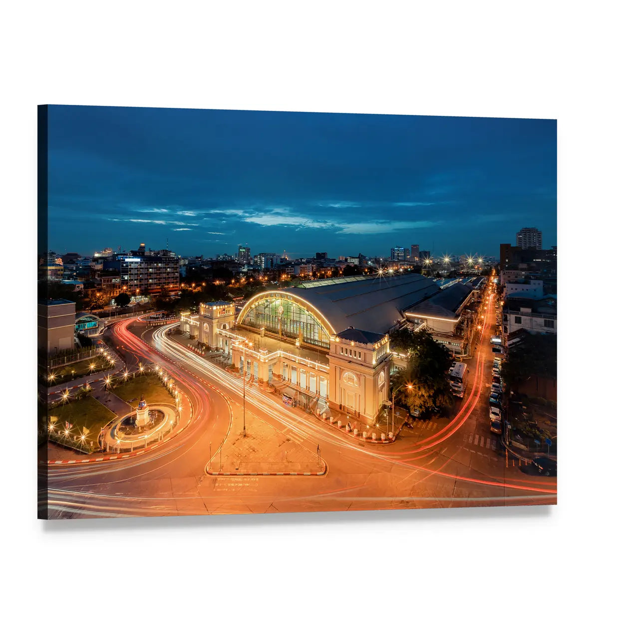 Bangkok Railway Station at Night Canvas Wall Art, single panel gallery wrapped canvas, angled product view