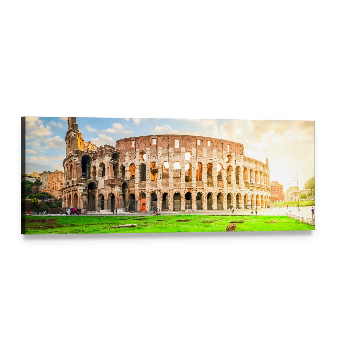 Ruins of the Colosseum in Rome Panoramic Canvas Wall Art, single panel gallery wrapped canvas, angled product view