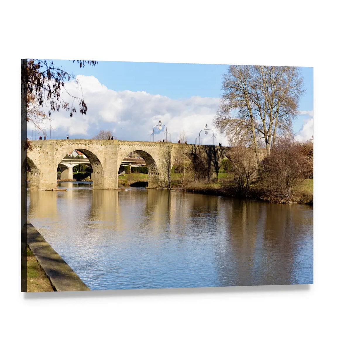Stone Bridge Over Lake in France Canvas Wall Art, single panel gallery wrapped canvas, angled product view