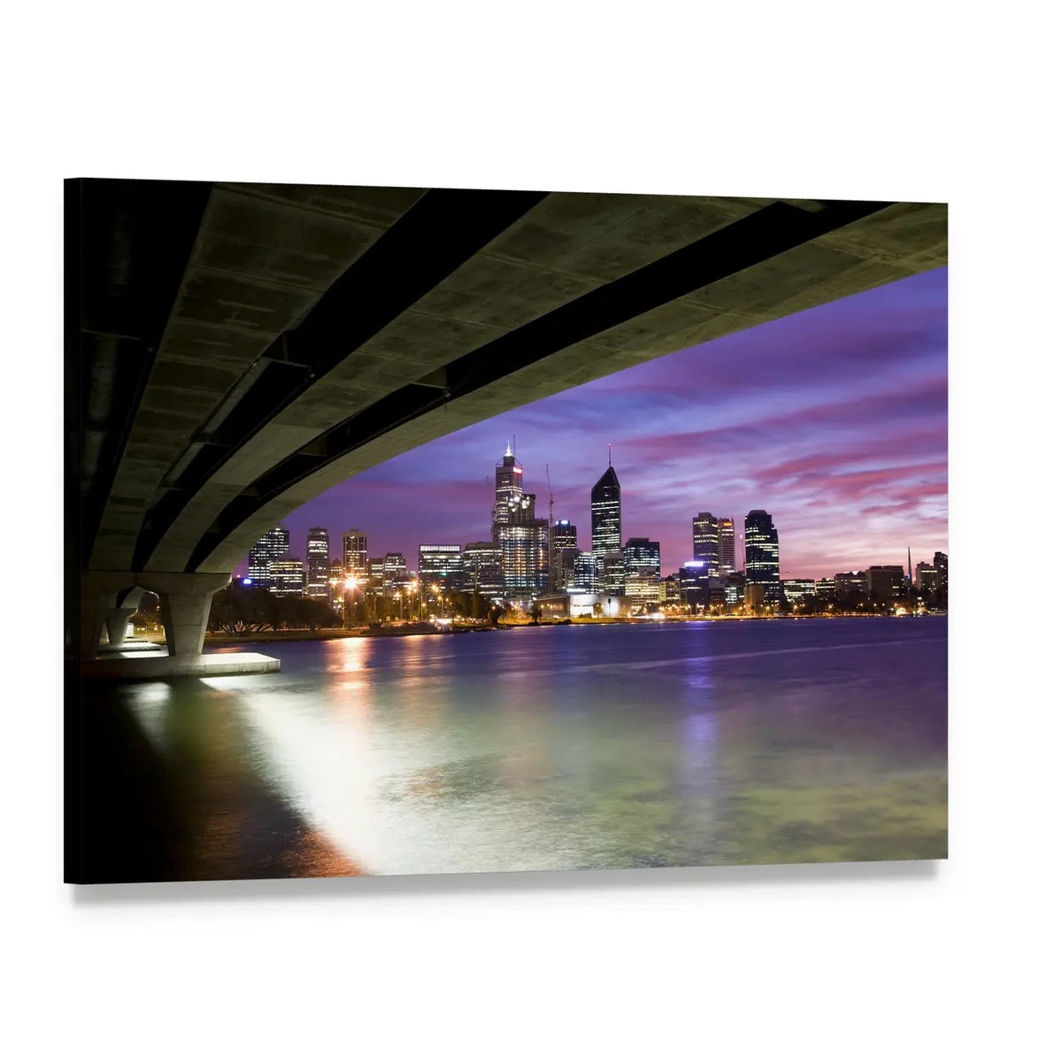 City Skyline with Bridge at Dusk Canvas Wall Art, single panel gallery wrapped canvas, angled product view