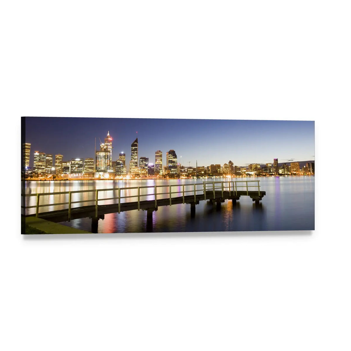 Perth River Skyline at Dusk Panoramic Canvas Wall Art, single panel gallery wrapped canvas, angled product view