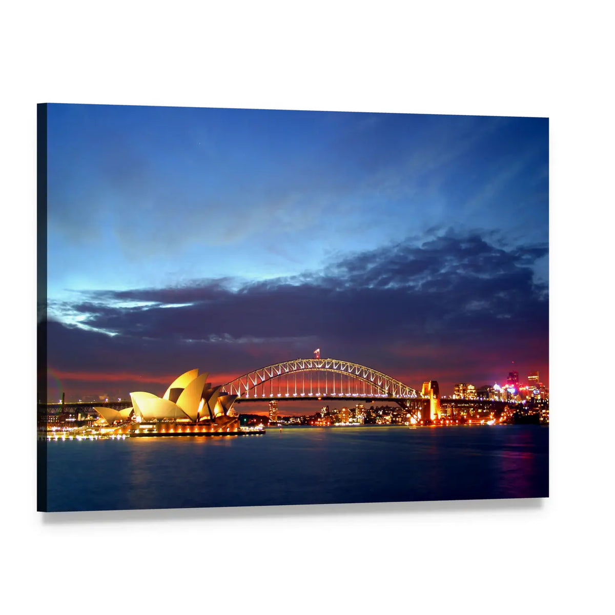 Sydney Harbour Bridge and Opera House at Dusk Canvas Wall Art, single panel gallery wrapped canvas, angled product view