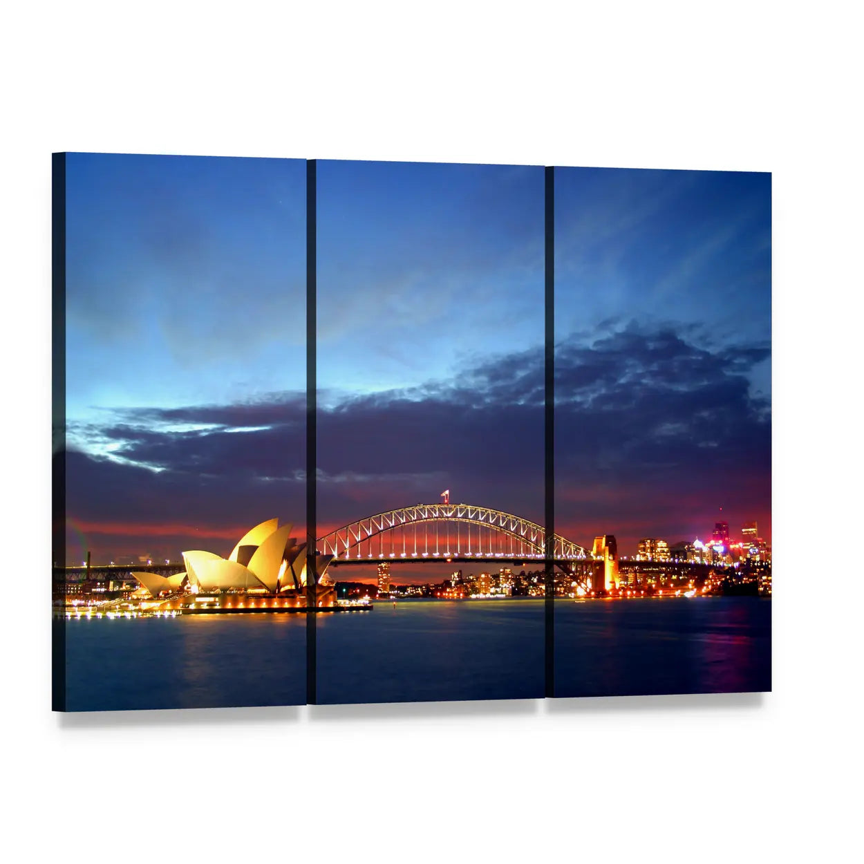 Sydney Harbour Bridge and Opera House at Dusk Canvas Wall Art, 3 panel 3 Horizontal layout gallery wrapped canvas set, angled product view