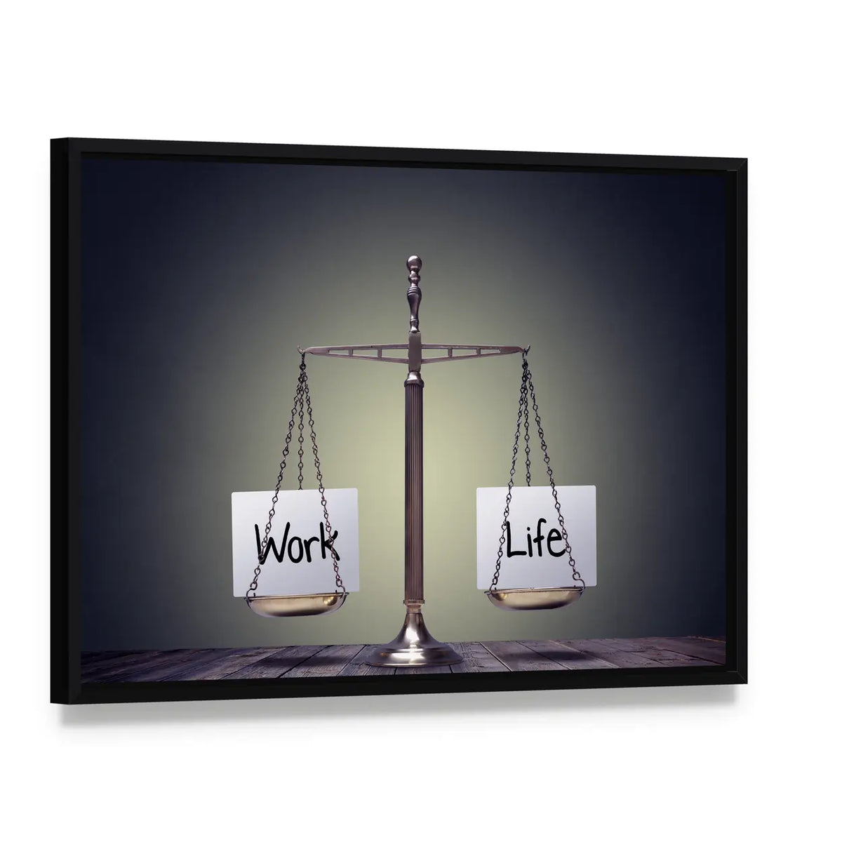 Work and Life Balance Scale Canvas Wall Art, framed canvas in a black floater frame, angled product view
