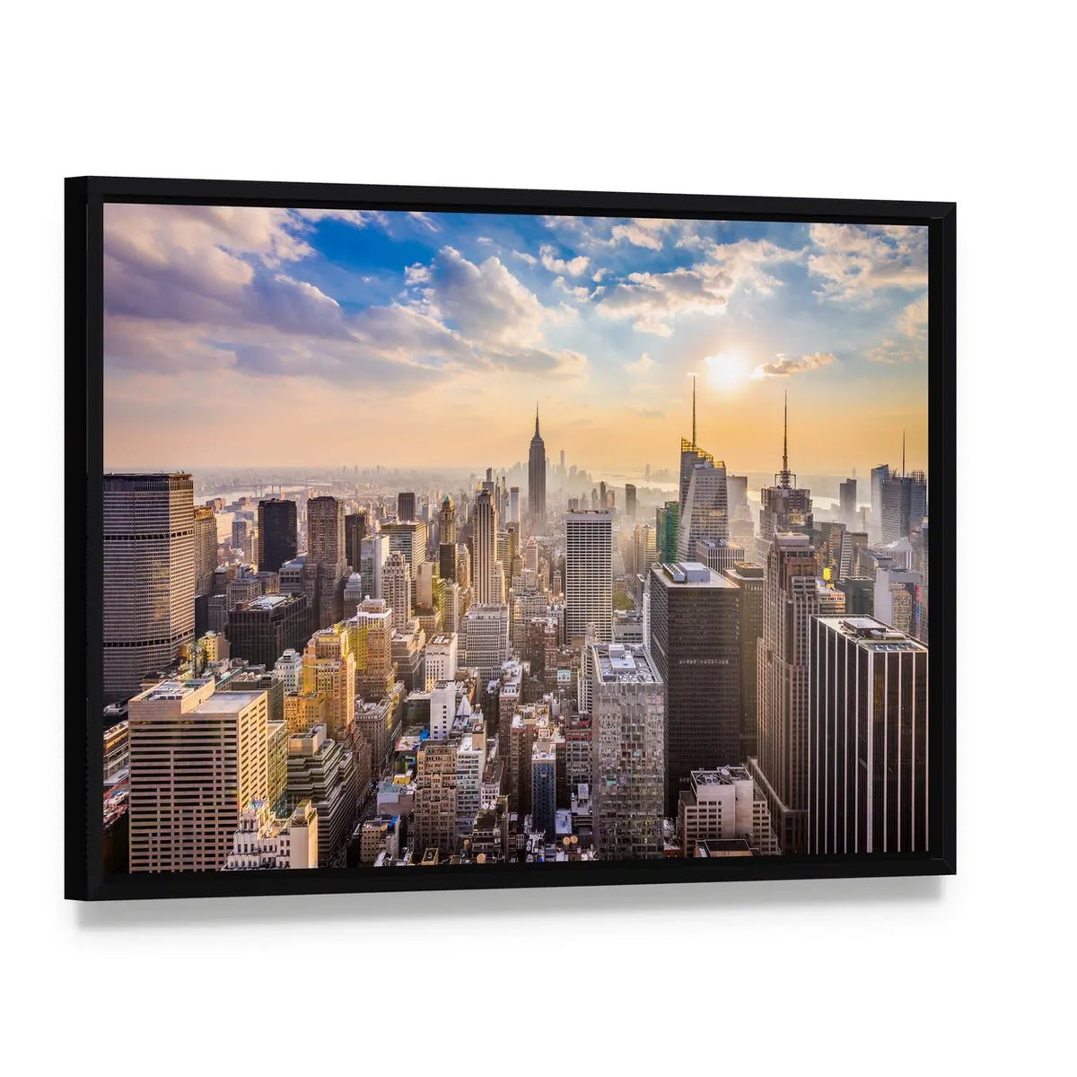 Manhattan Skyline with Empire State Building Canvas Wall Art, framed canvas in a black floater frame, angled product view