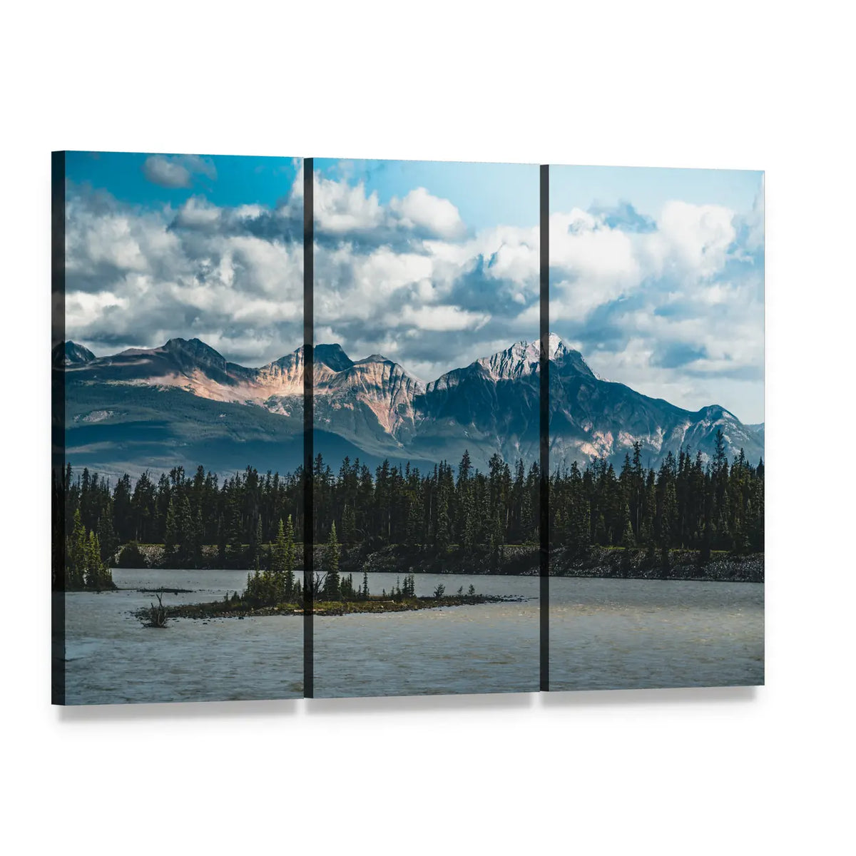 Athabasca River Canada Landscape Canvas Wall Art, 3 panel 3 Horizontal layout gallery wrapped canvas set, angled product view