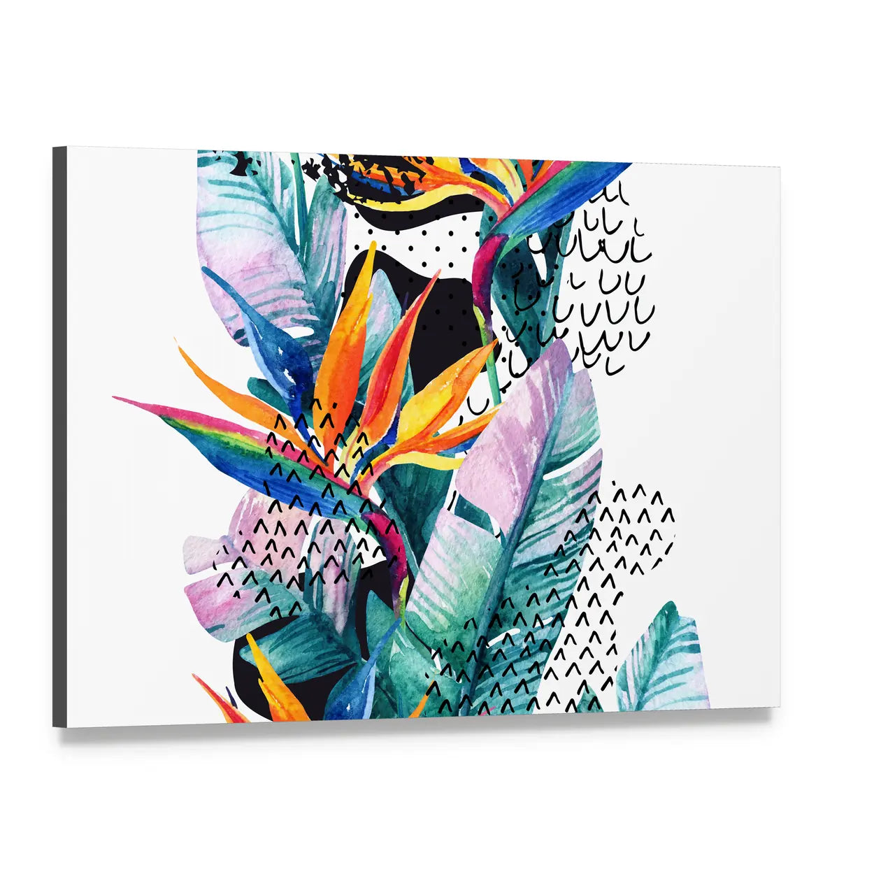 Tropical Watercolor Paradise Flowers Canvas Wall Art, single panel gallery wrapped canvas, angled product view