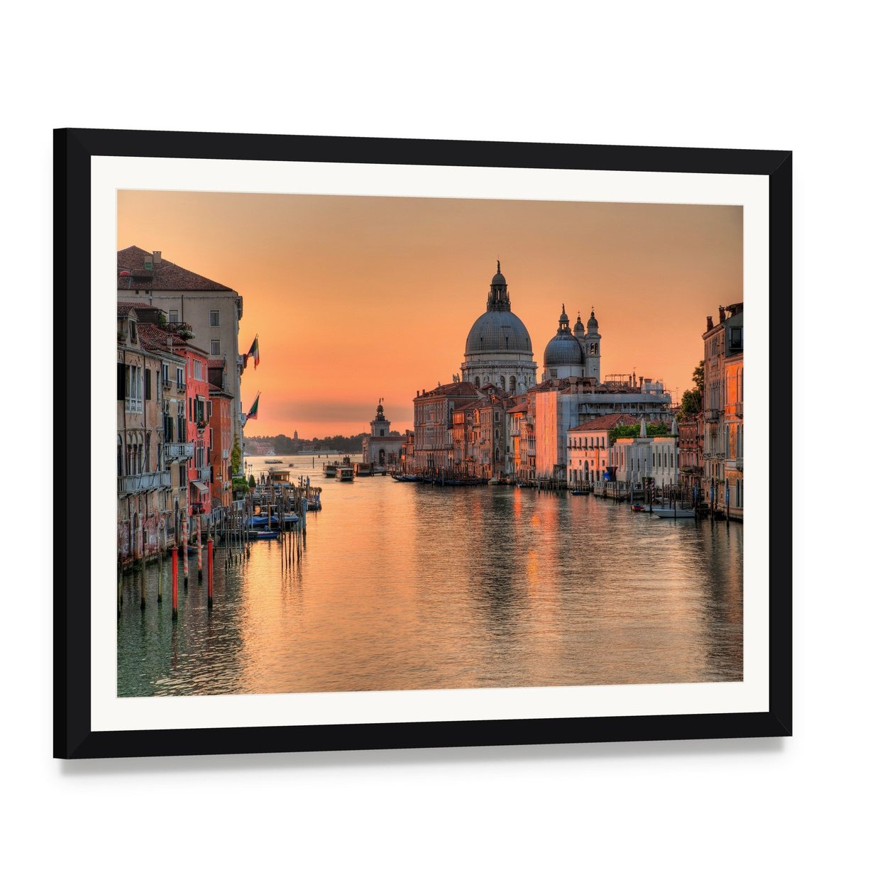 Grand Canal at Sunset in Venice Canvas Wall Art, framed print with white mat and black frame, angled product view