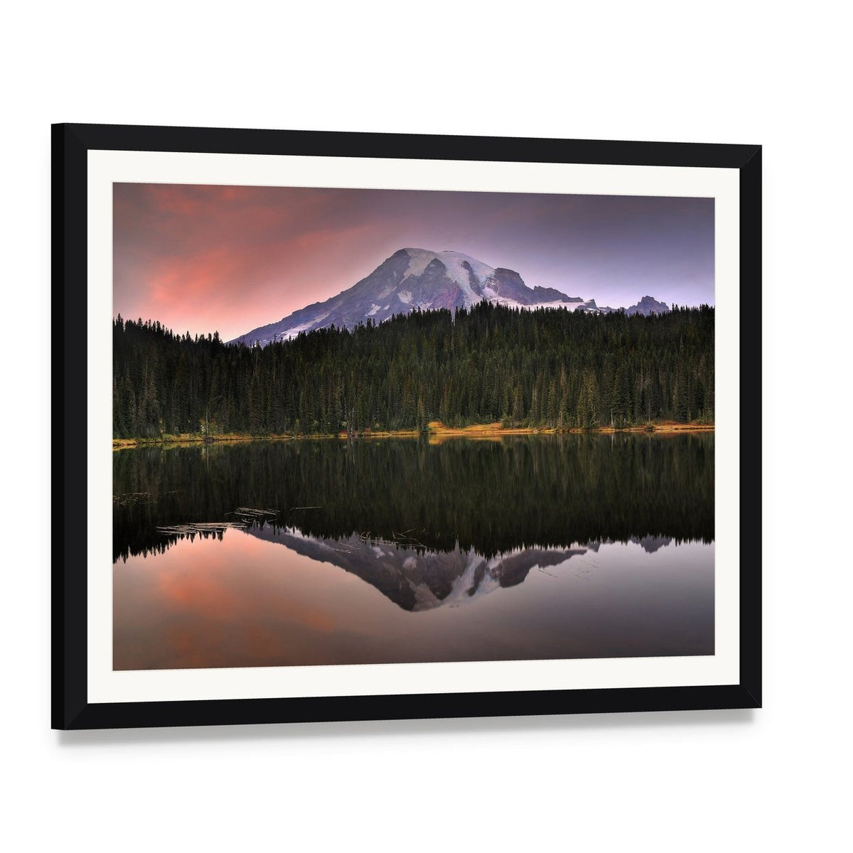 Mount Rainier Reflected in Lake Canvas Wall Art, framed print with white mat and black frame, angled product view