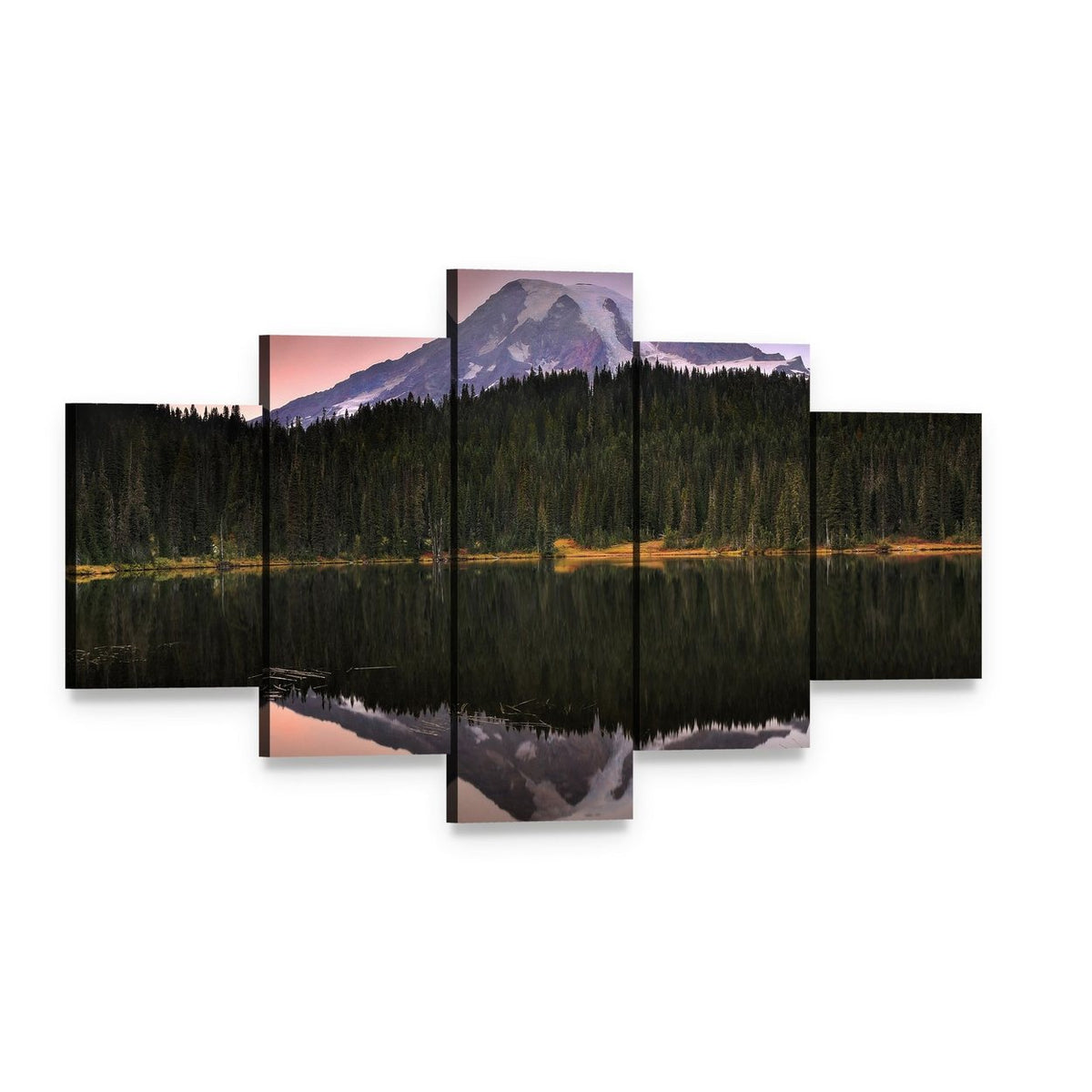 Mount Rainier Reflected in Lake Canvas Wall Art, 5 panel 5 Star layout gallery wrapped canvas set, angled product view