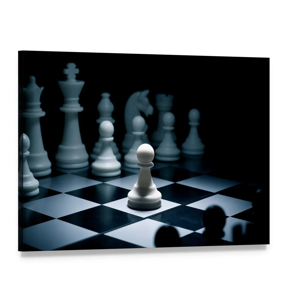 White Pawn on Chessboard Canvas Wall Art, single panel gallery wrapped canvas, angled product view