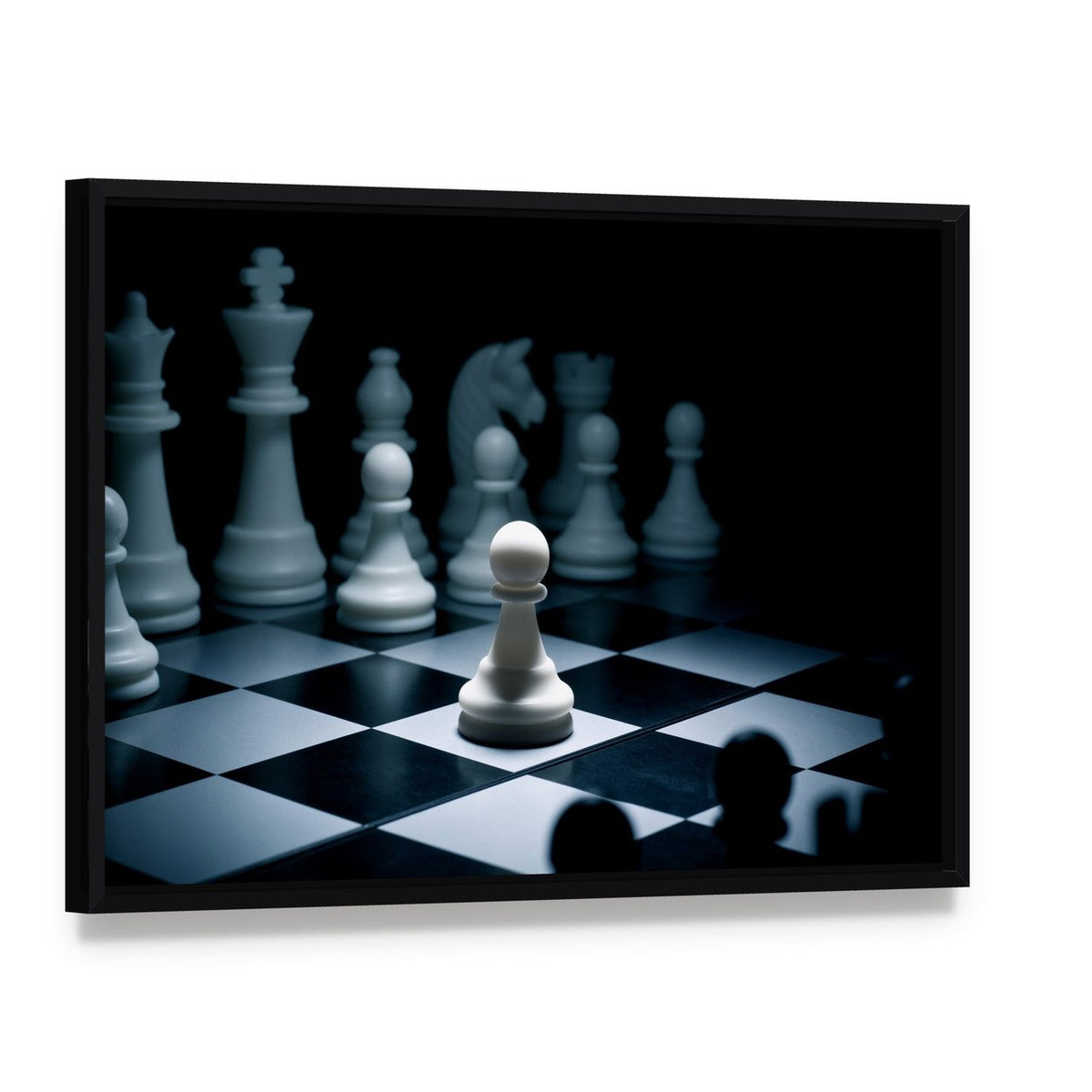 Chess White Go the First Canvas Wall Art, framed canvas in a black floater frame, angled product view