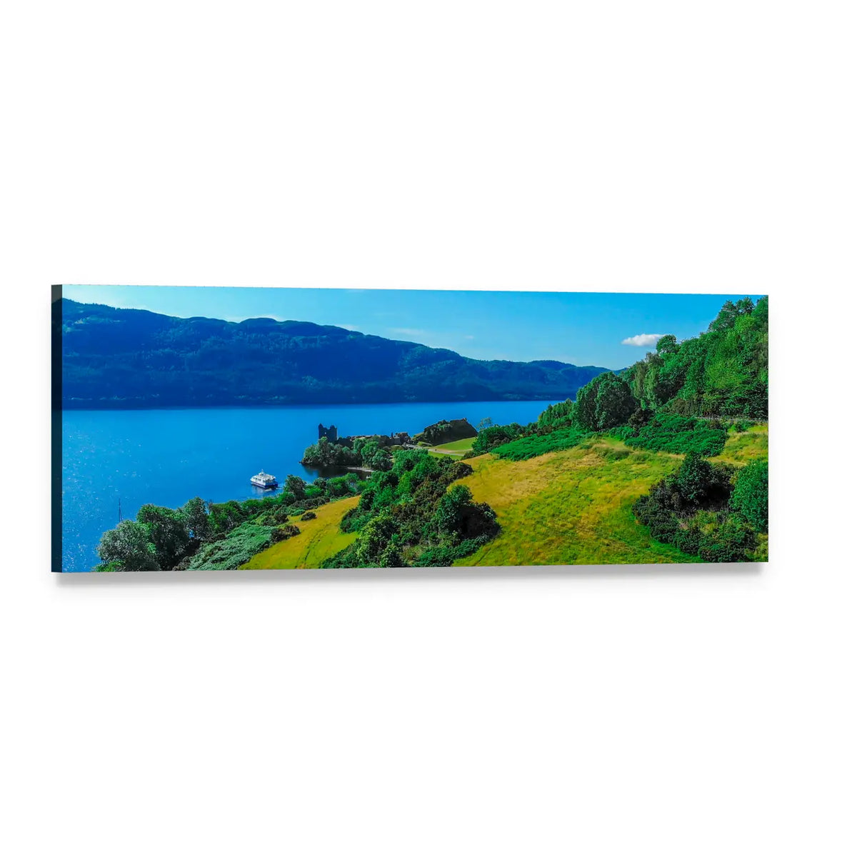 Blue Loch with Castle Ruin and Boat Panoramic Canvas Wall Art, single panel gallery wrapped canvas, angled product view