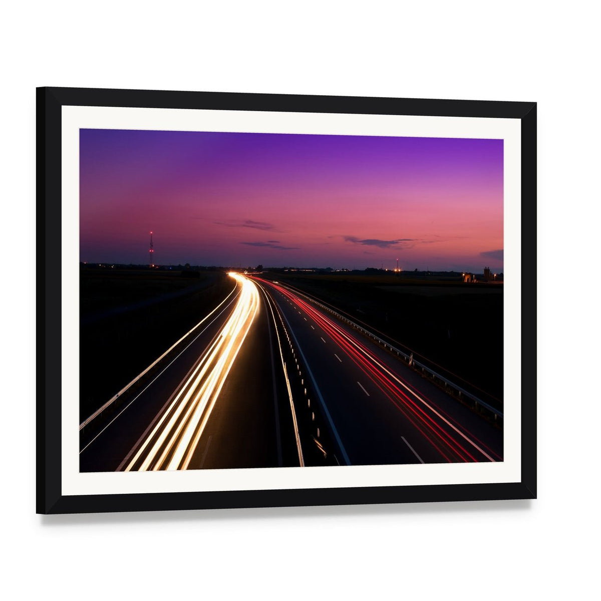 Cars Speeding on Highway Canvas Wall Art, framed print with white mat and black frame, angled product view