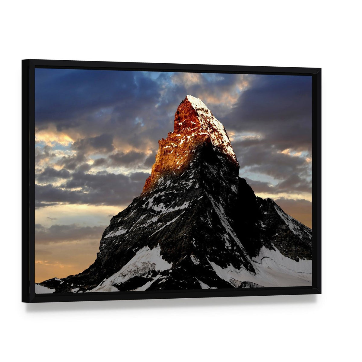 Sunrise on the Matterhorn Canvas Wall Art, framed canvas in a black floater frame, angled product view