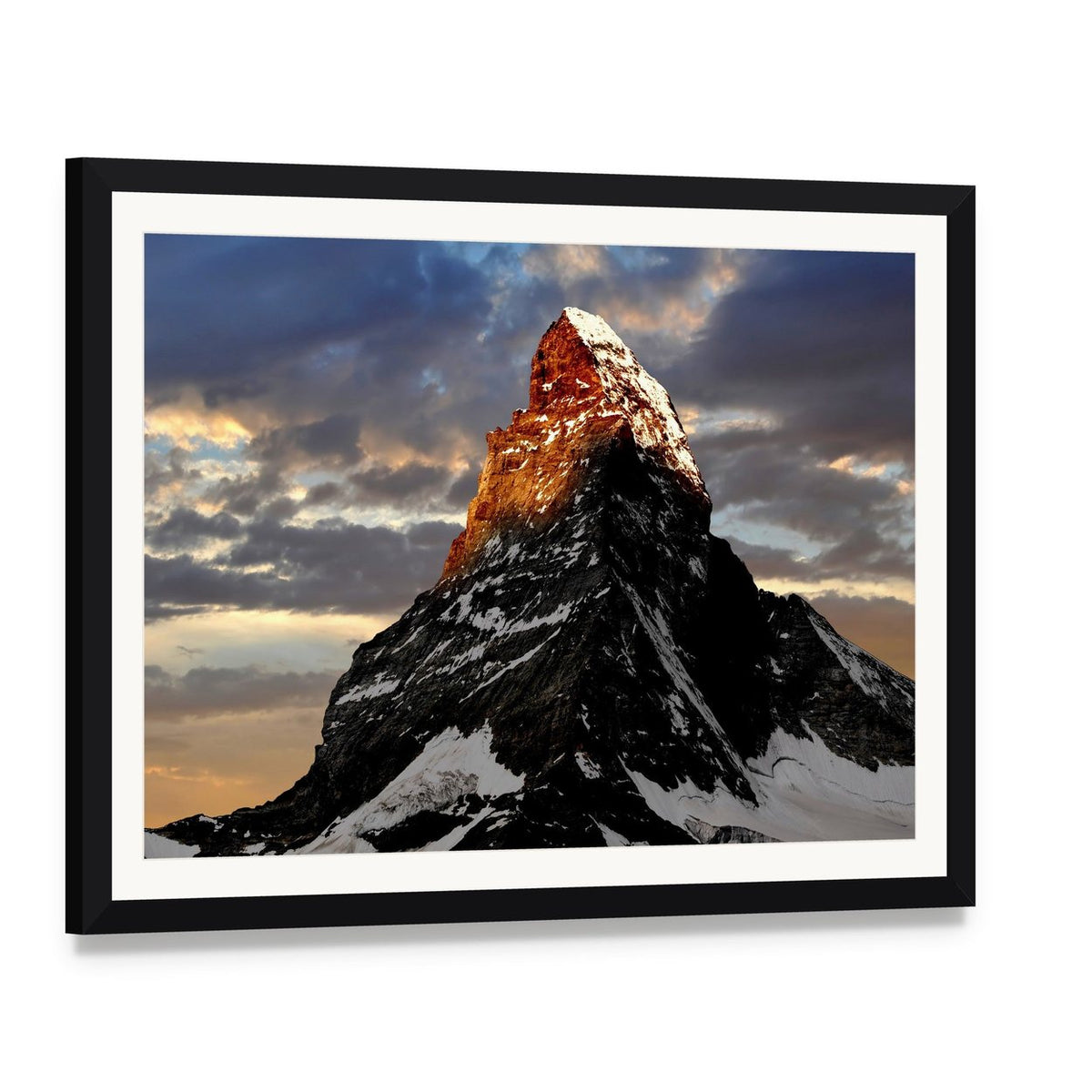 Sunrise on the Matterhorn Canvas Wall Art, framed print with white mat and black frame, angled product view