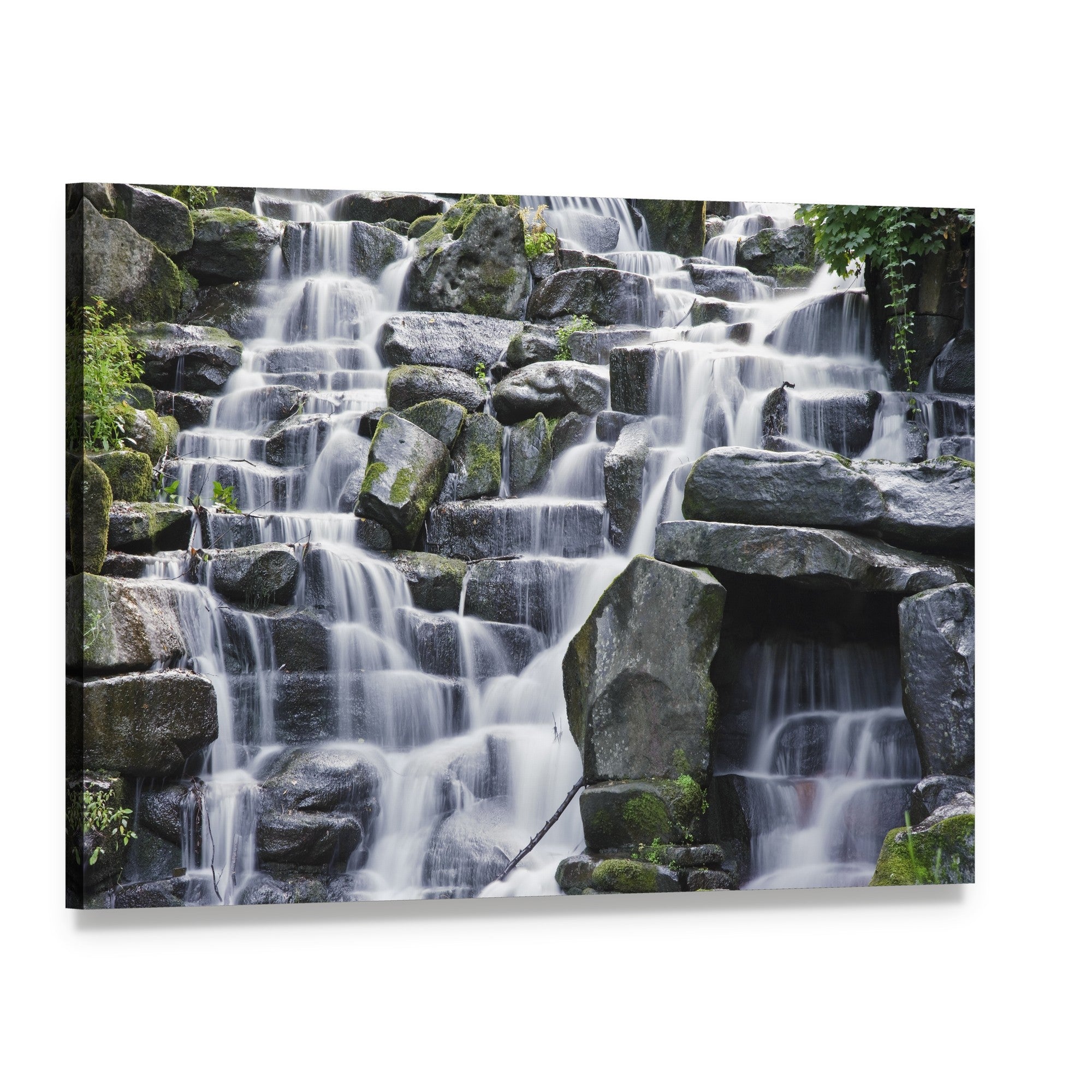 Waterfall Cascades Over Mossy Rocks Canvas Wall Art, single panel gallery wrapped canvas, angled product view