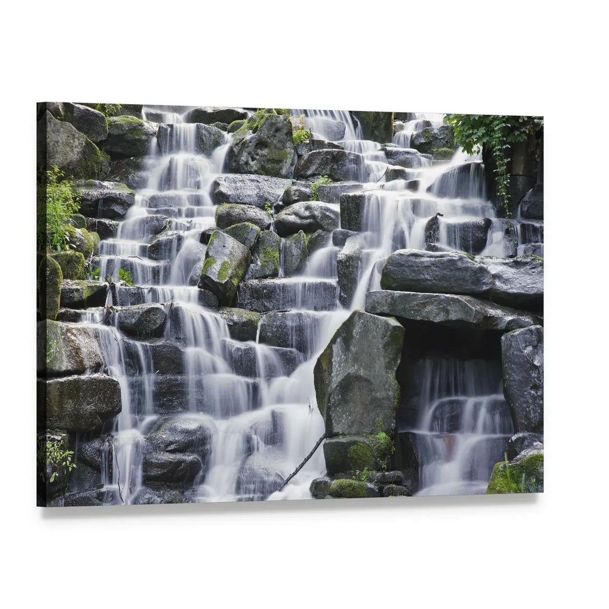 Cascading Water Over Moss-covered Rocks Canvas Wall Art, single panel gallery wrapped canvas, angled product view