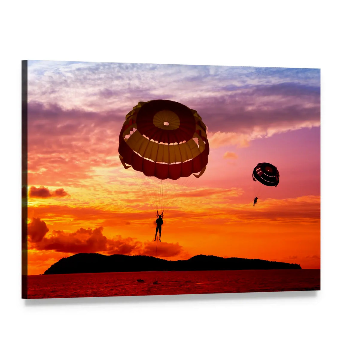 Silhouette of Parasailers at Sunset Canvas Wall Art, single panel gallery wrapped canvas, angled product view