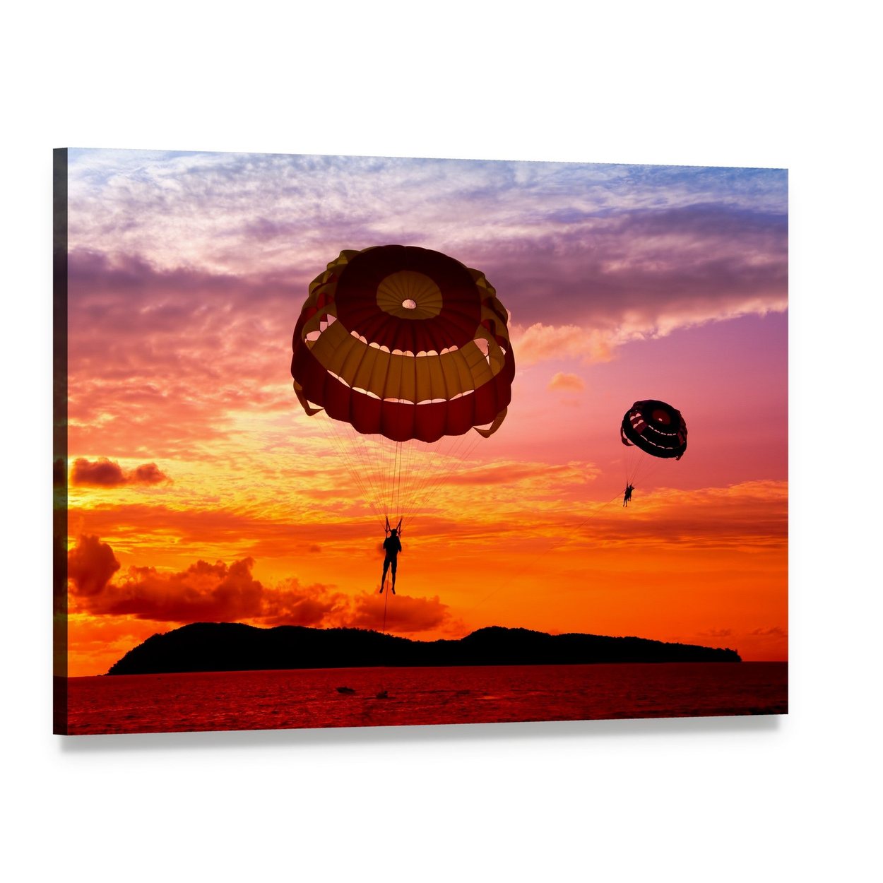 Para-sailors Silhouette at Sunset Canvas Wall Art, single panel gallery wrapped canvas, angled product view