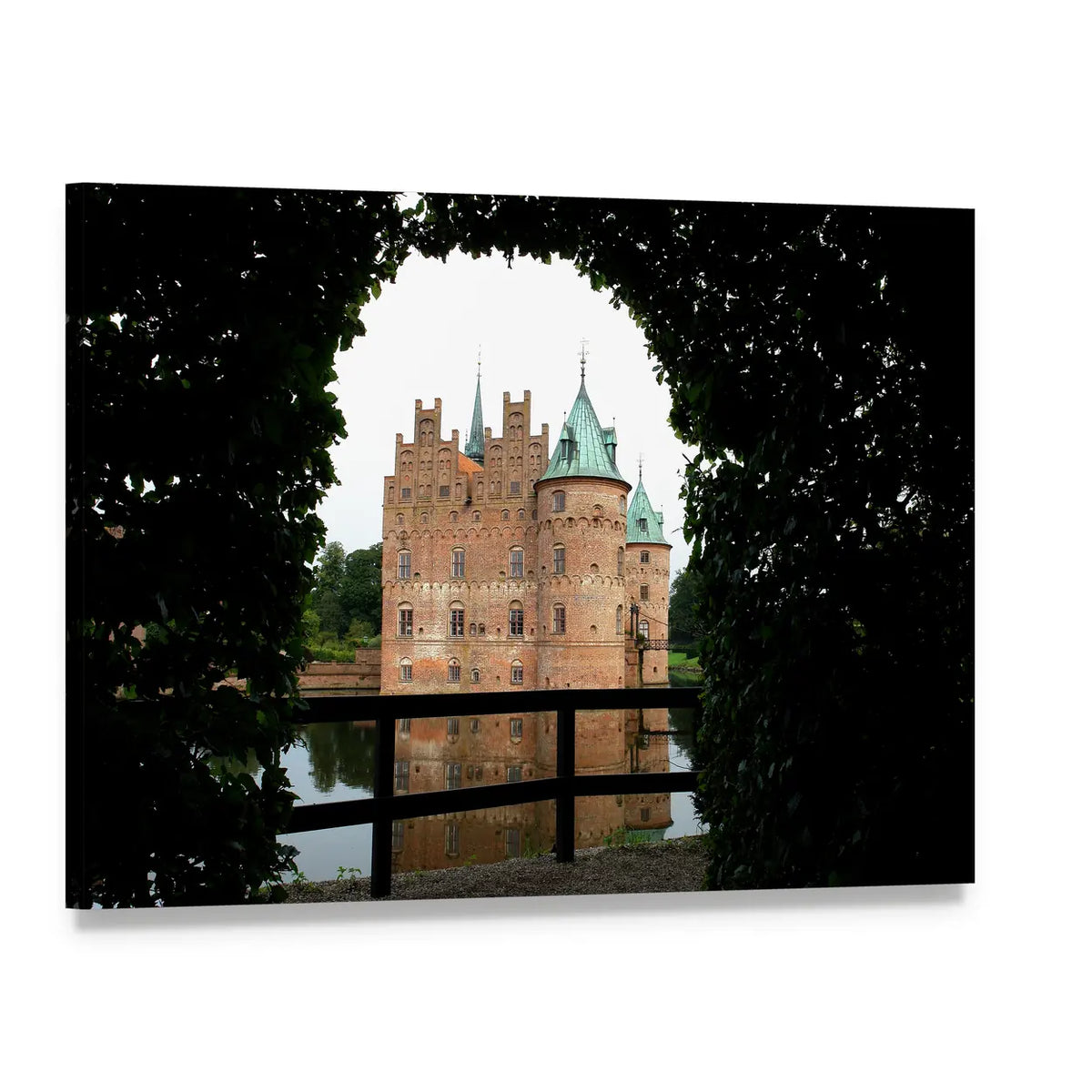 Egeskov Castle with Moat Reflection Canvas Wall Art, single panel gallery wrapped canvas, angled product view