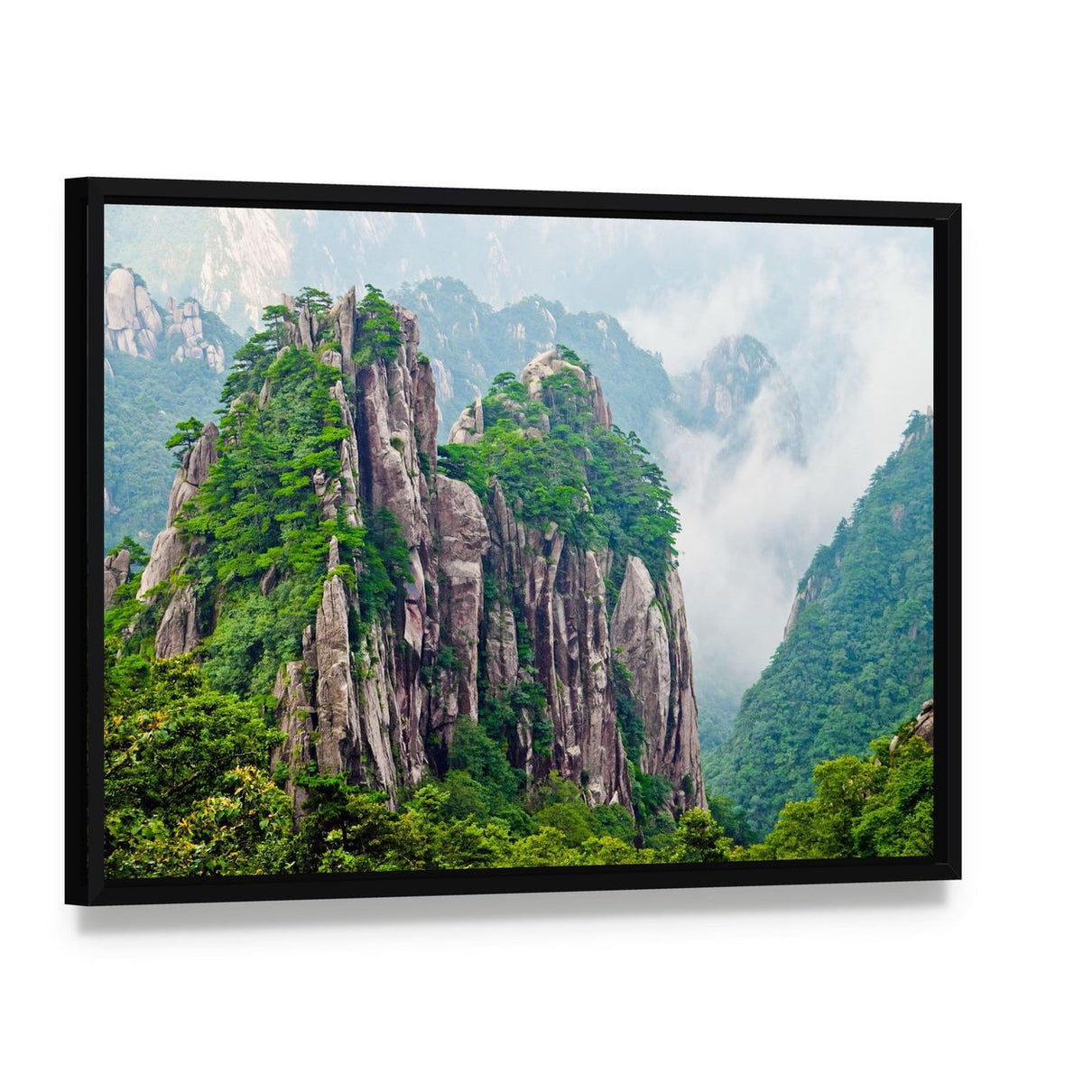 Yellow Huangshan Mountains in China Canvas Wall Art, framed canvas in a black floater frame, angled product view