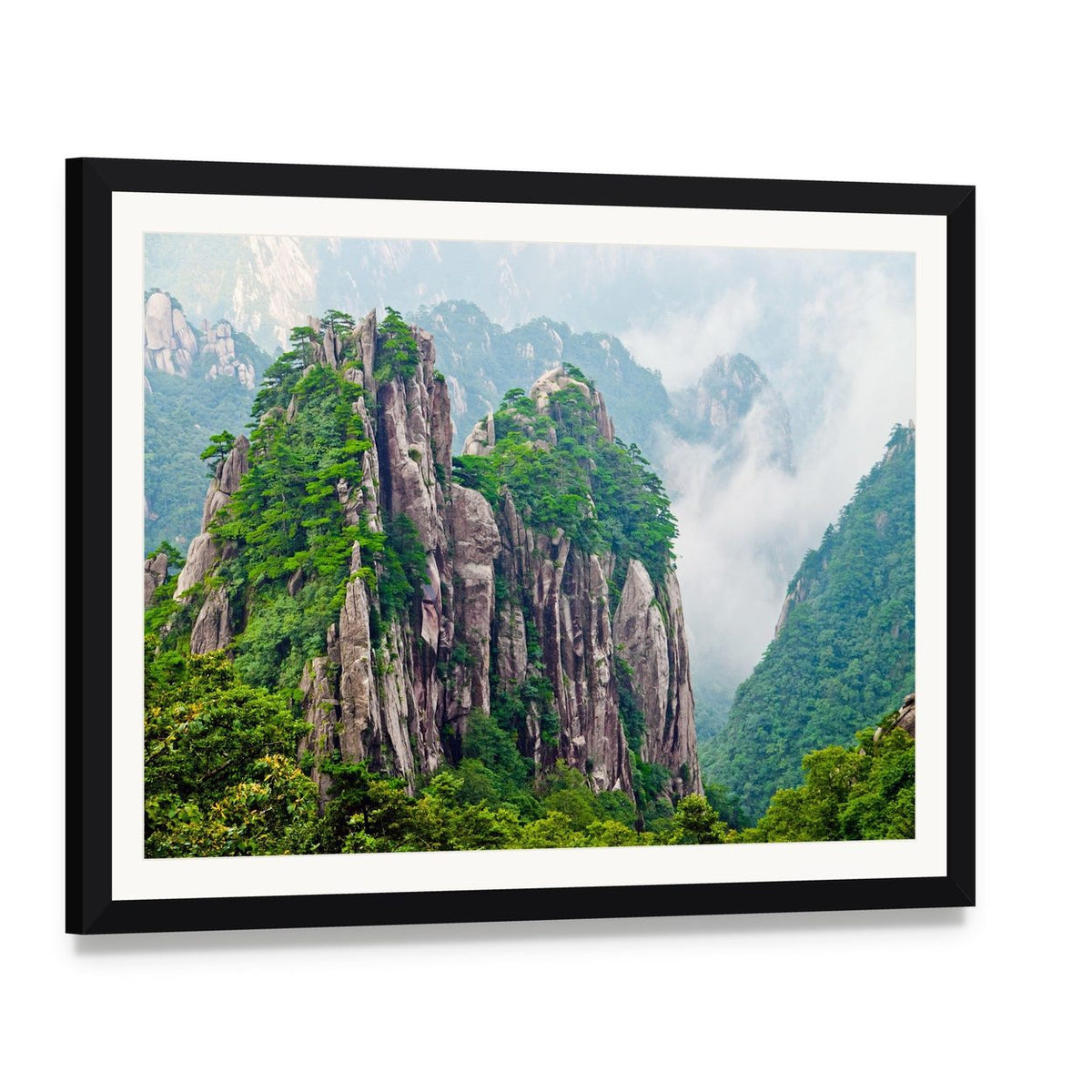 Yellow Huangshan Mountains in China Canvas Wall Art, framed print with white mat and black frame, angled product view