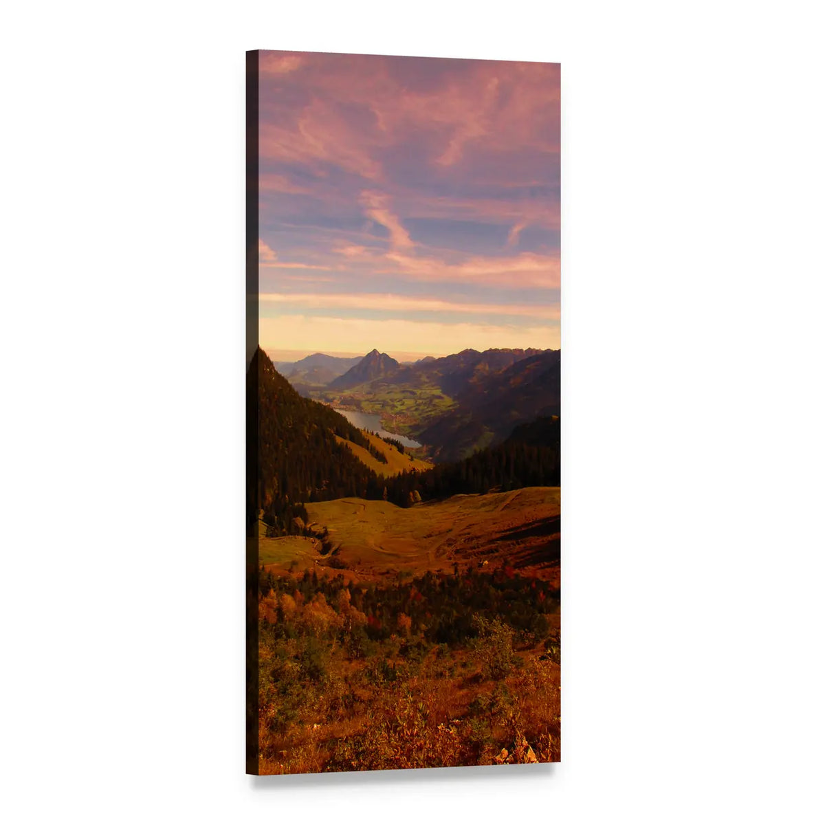 Autumn Mountain Valley at Sunset Vertical Canvas Wall Art, 1 panel 1 Vertical layout gallery wrapped canvas set, angled product view