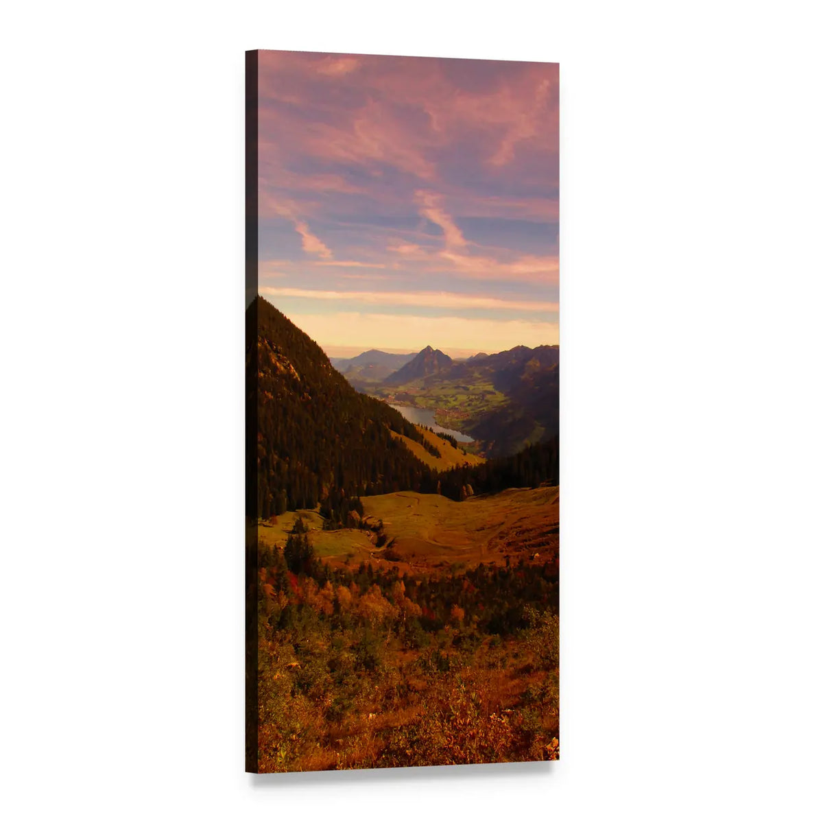 Autumn Mountain Valley at Sunset Vertical Canvas Wall Art, 1 panel 1 Vertical layout gallery wrapped canvas set, angled product view