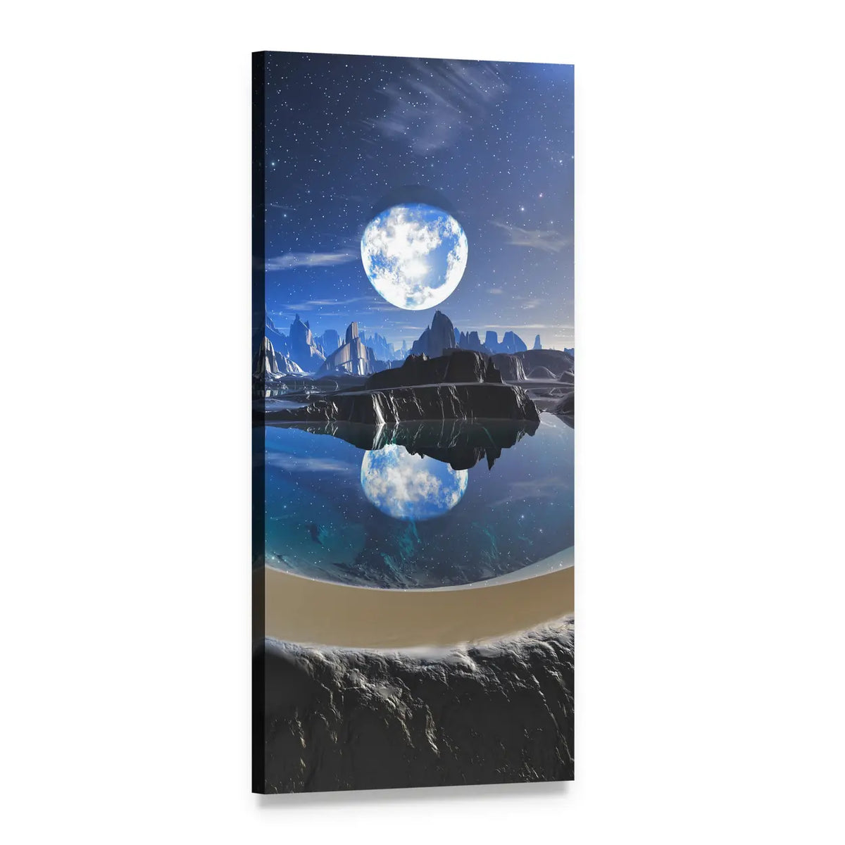 Blue Moon Reflection Over Alien Shore Vertical Canvas Wall Art, 1 panel 1 Vertical layout gallery wrapped canvas set, angled product view