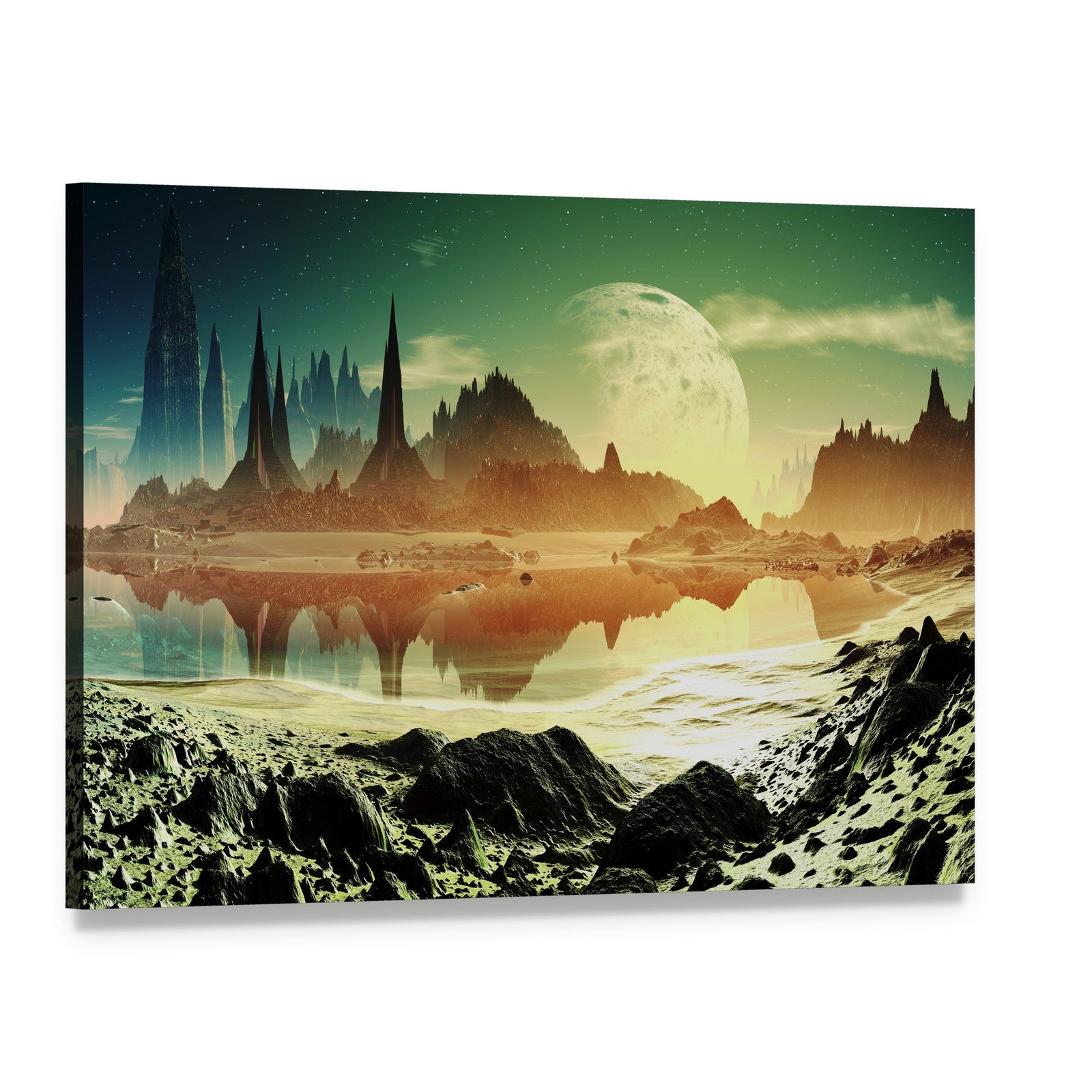 Alien City Beside Lake Canvas Wall Art, single panel gallery wrapped canvas, angled product view