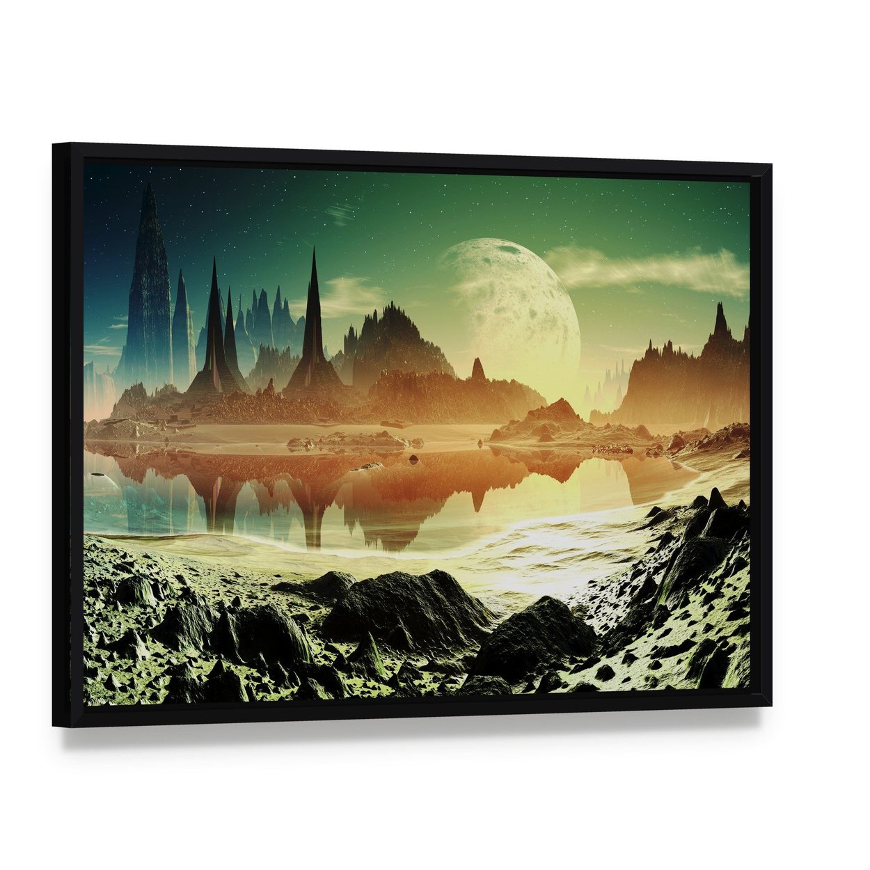 Alien City Beside Lake Canvas Wall Art, framed canvas in a black floater frame, angled product view