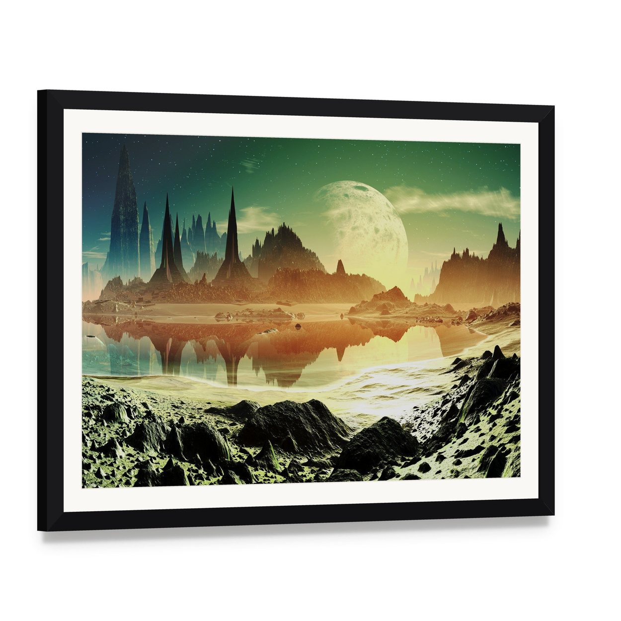 Alien City Beside Lake Canvas Wall Art, framed print with white mat and black frame, angled product view