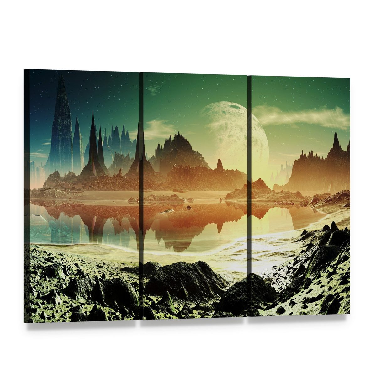 Alien City Beside Lake Canvas Wall Art, 3 panel 3 Horizontal layout gallery wrapped canvas set, angled product view
