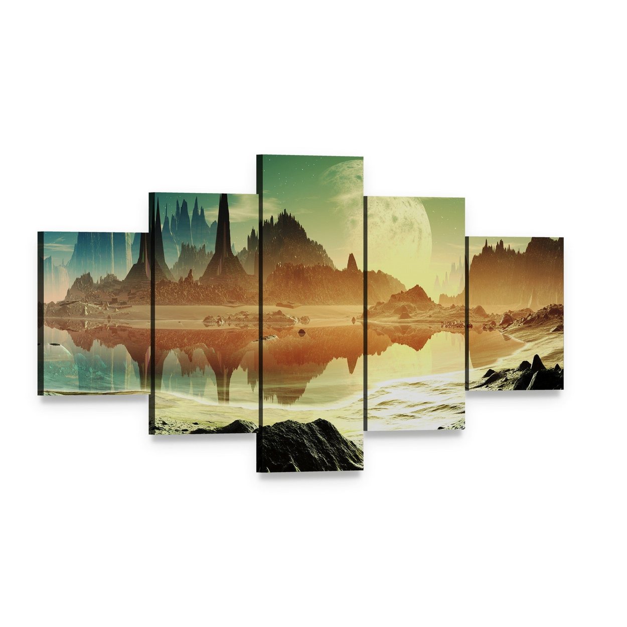 Alien City Beside Lake Canvas Wall Art, 5 panel 5 Star layout gallery wrapped canvas set, angled product view