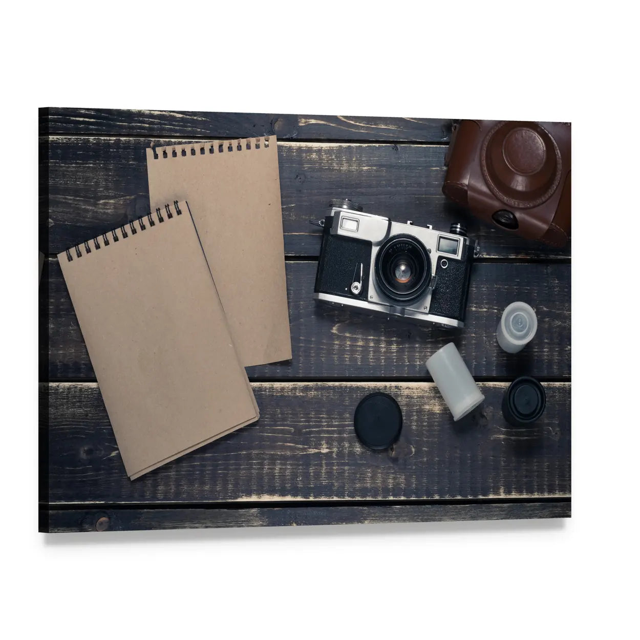 Vintage Rangefinder Camera Flat-lay Canvas Wall Art, single panel gallery wrapped canvas, angled product view