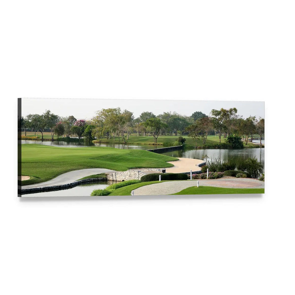 Serene Golf Course Landscape Panoramic Canvas Wall Art, single panel gallery wrapped canvas, angled product view