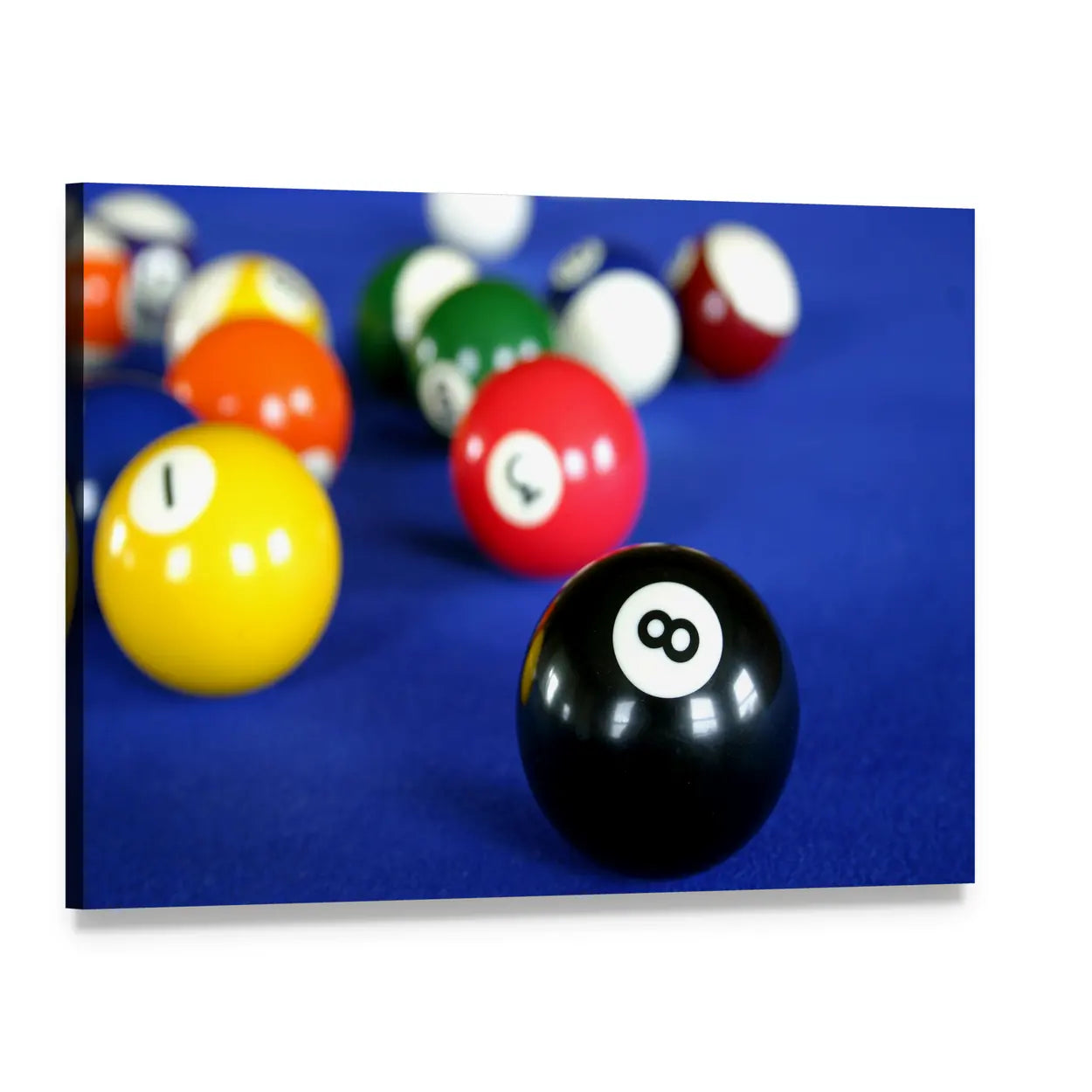 Close-up Pool Balls on Blue Felt Canvas Wall Art, single panel gallery wrapped canvas, angled product view