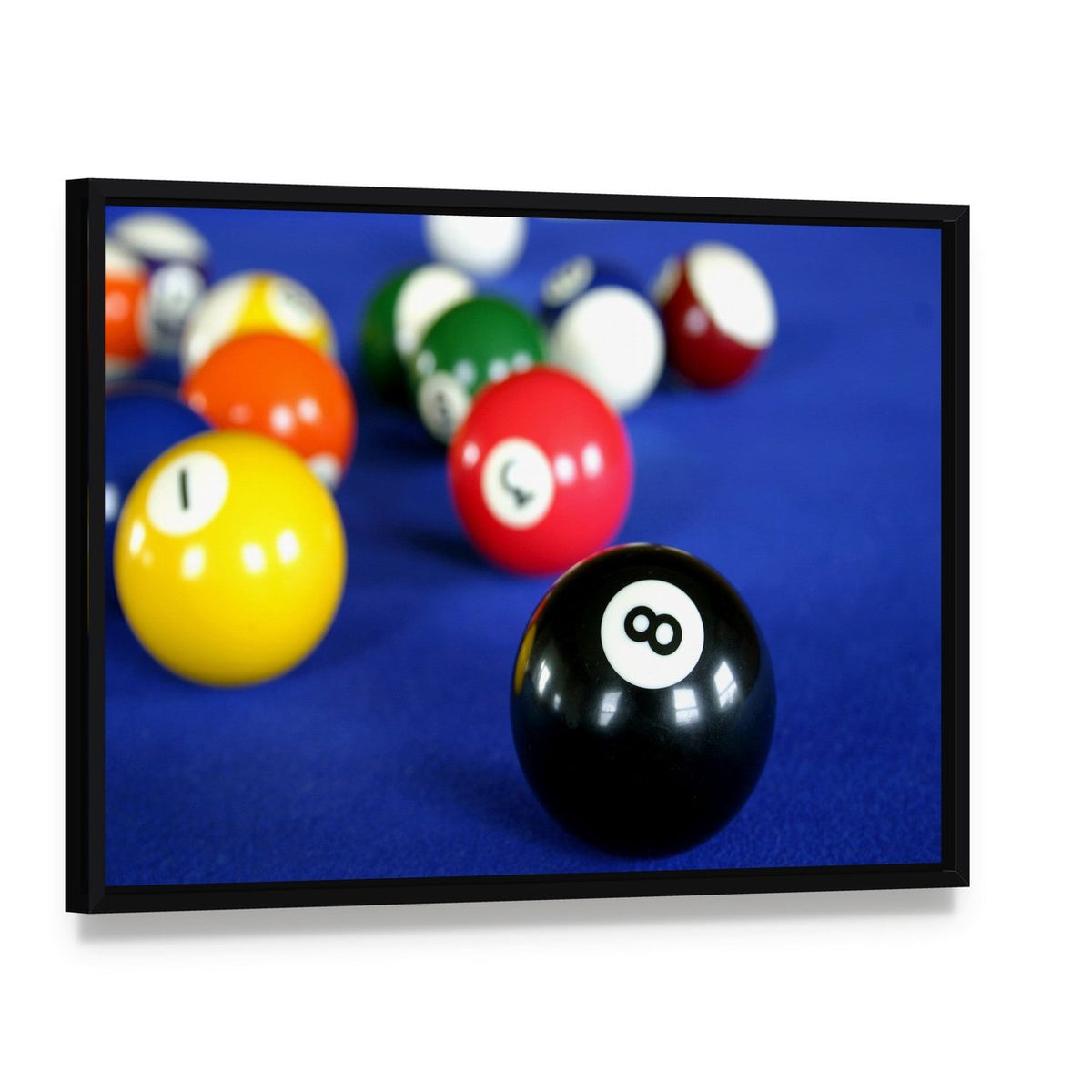 Pool Balls on Blue Table Canvas Wall Art, framed canvas in a black floater frame, angled product view