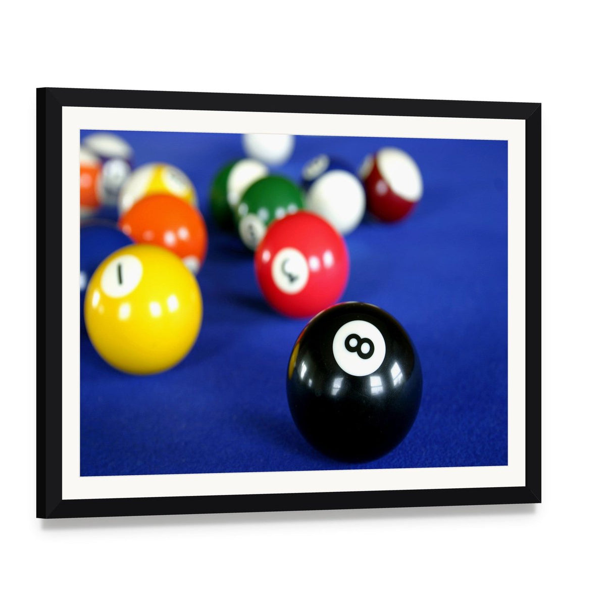 Pool Balls on Blue Table Canvas Wall Art, framed print with white mat and black frame, angled product view