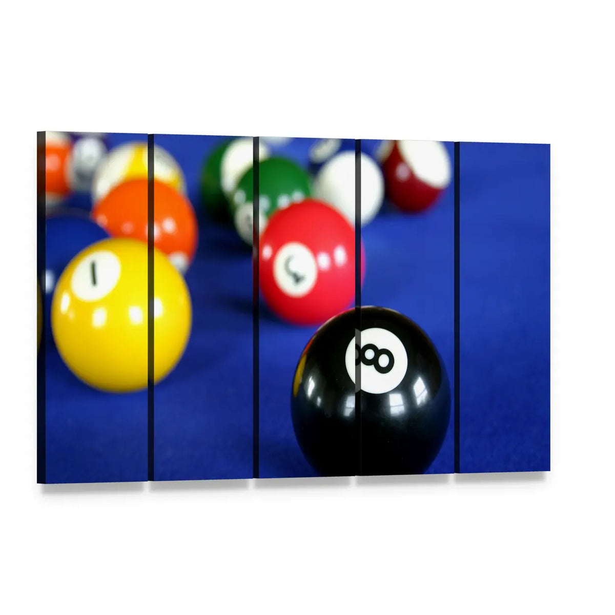 Close-up Pool Balls on Blue Felt Canvas Wall Art, 5 panel 5 Horizontal layout gallery wrapped canvas set, angled product view