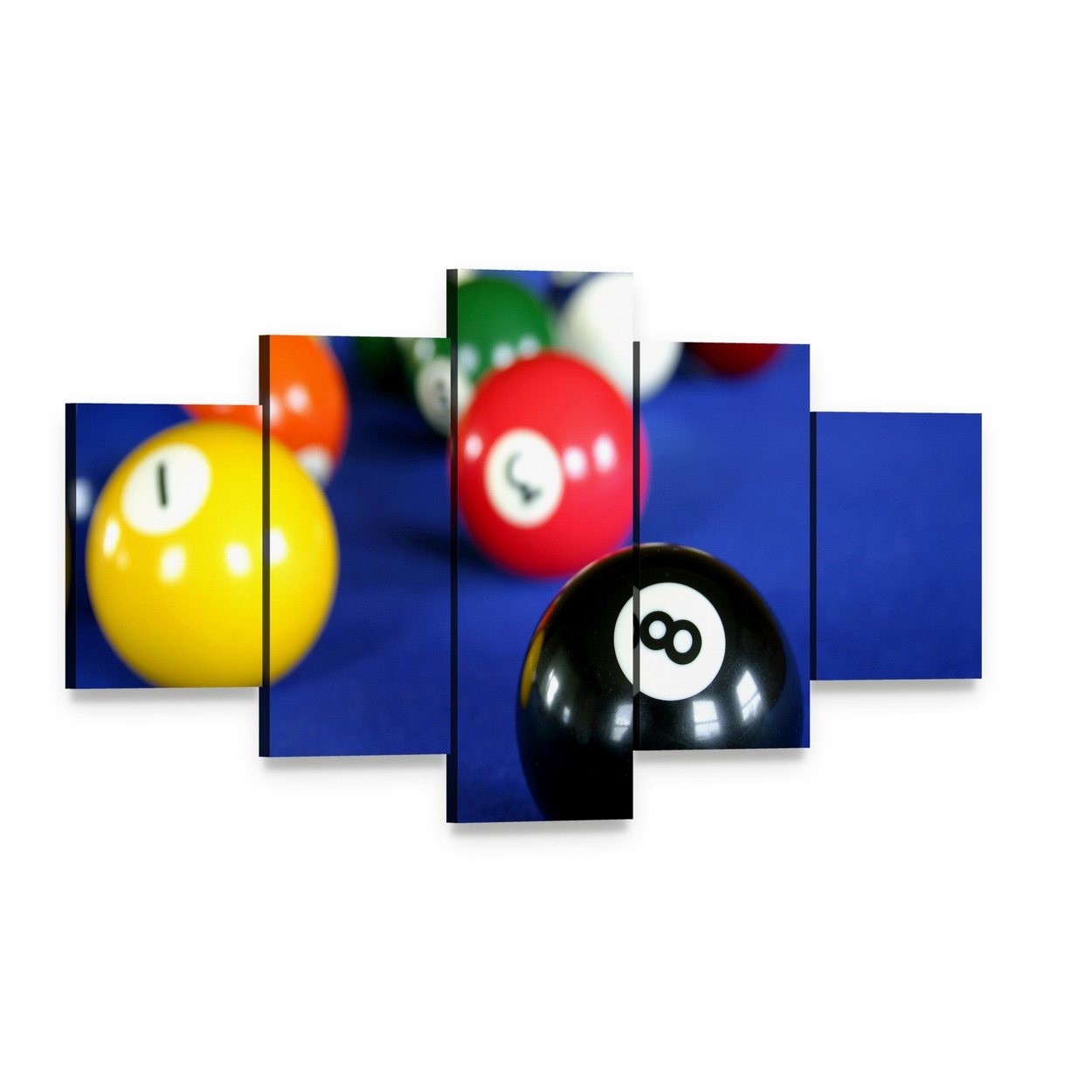 Pool Balls on Blue Table Canvas Wall Art, 5 panel 5 Star layout gallery wrapped canvas set, angled product view
