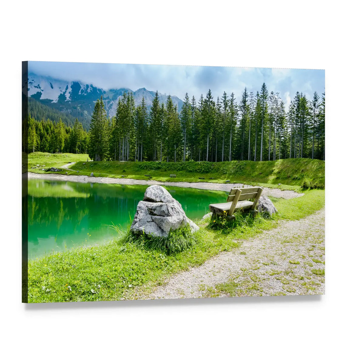 Almsee Lakeside Bench and Mountains Canvas Wall Art, single panel gallery wrapped canvas, angled product view