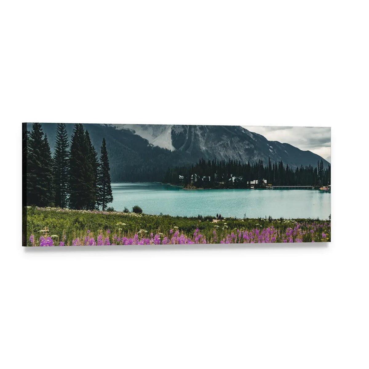 Emerald Lake with Mountains Panoramic Canvas Wall Art, single panel gallery wrapped canvas, angled product view