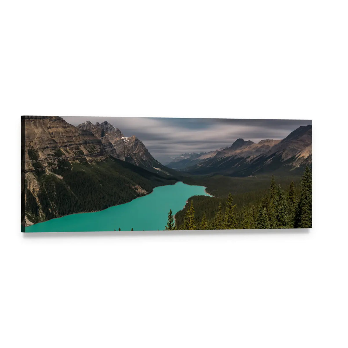 Peyto Lake Mountain View Panoramic Canvas Wall Art, single panel gallery wrapped canvas, angled product view