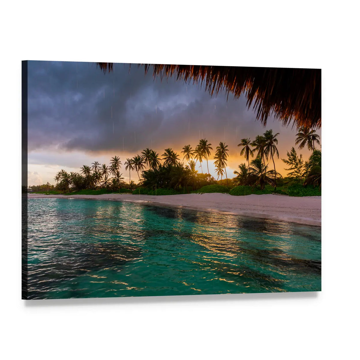 Rainy Tropical Beach at Sunset Canvas Wall Art, single panel gallery wrapped canvas, angled product view