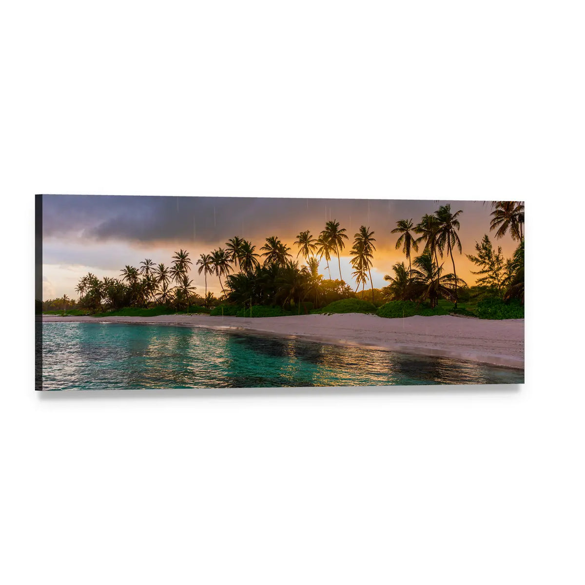 Tropical Beach Sunset View Panoramic Canvas Wall Art, single panel gallery wrapped canvas, angled product view