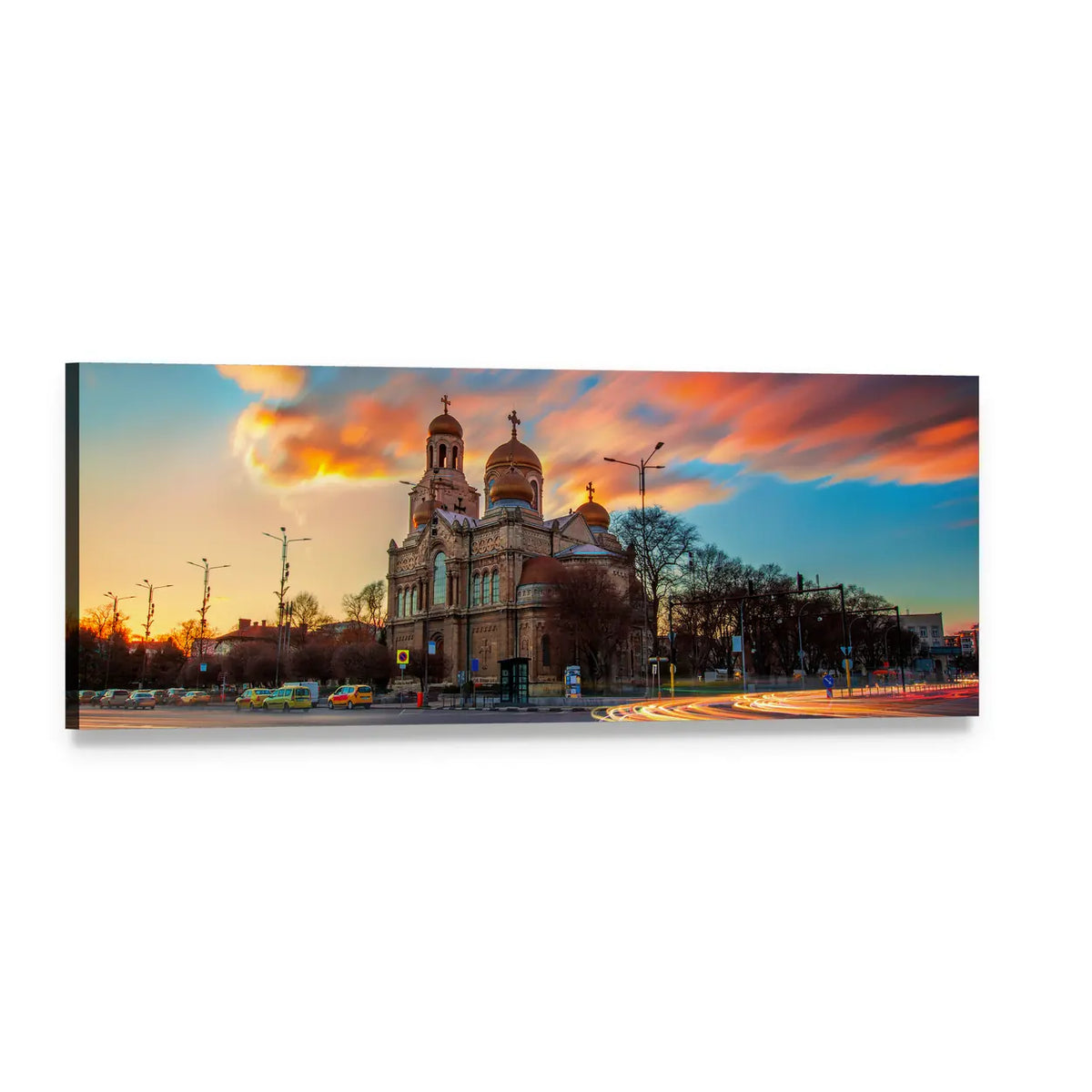 Cathedral of the Assumption at Dusk Panoramic Canvas Wall Art, single panel gallery wrapped canvas, angled product view