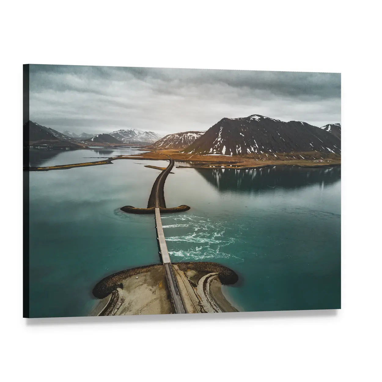 Curved Bridge Over the Sea in Iceland Canvas Wall Art, single panel gallery wrapped canvas, angled product view