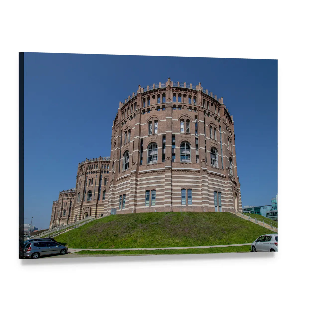 Vienna Gasometer Tower Canvas Wall Art, single panel gallery wrapped canvas, angled product view
